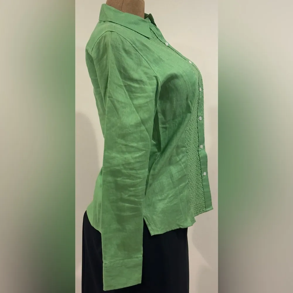 Talbots Green. Button Down Collar Long Sleeves. Pearl Buttons Sz XS 100% Linen. - Image 4