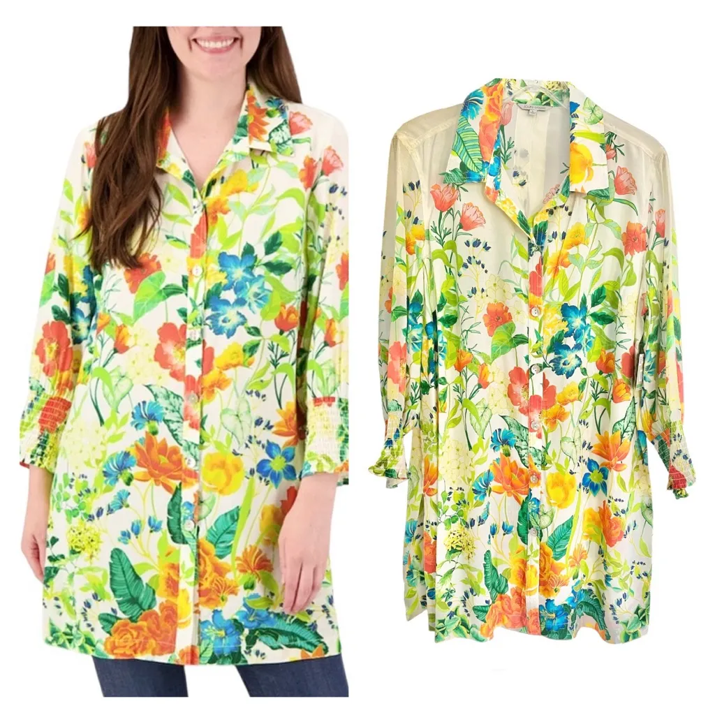 John Mark Floral Satin Dress Shirt/ Tunic Long Sleeve Size L NWT Green Size L - Image 2