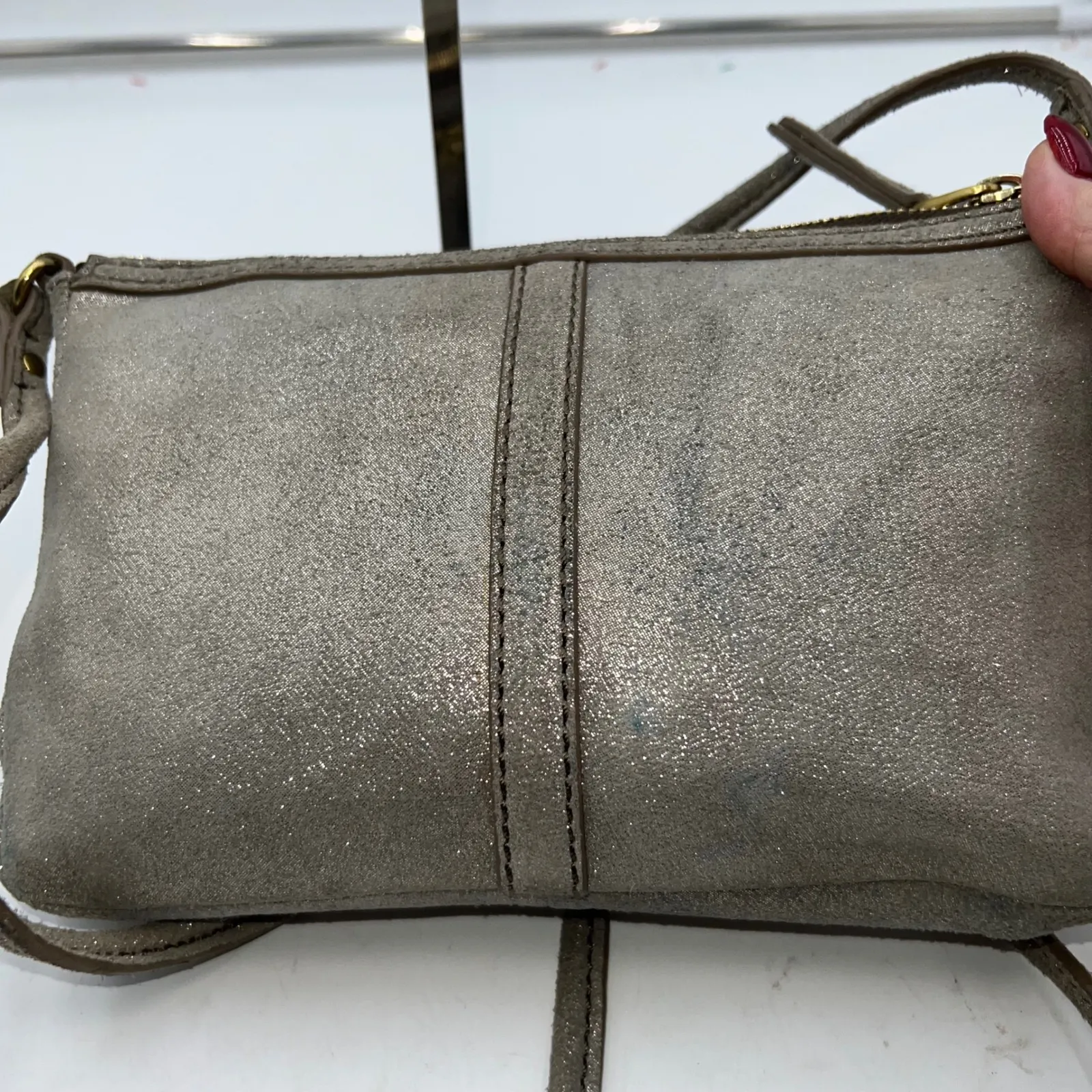 Fossil Glitter Suede Crossbody Bag Shimmer Taupe Gold Tone Zip Pockets - Image 4