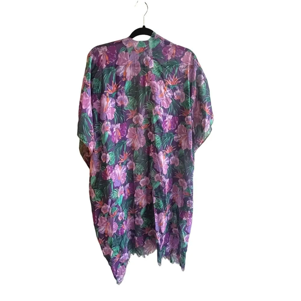 NEW Pool to Party Floral Fringe Swim COVER UP KIMONO Tropical Purple 100% Cotton Size undefined - Image 3