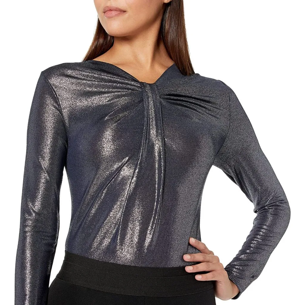 NWT H Halston  Long Sleeve Raglan Gathered Neck Pullover Silver Evening - Image 2