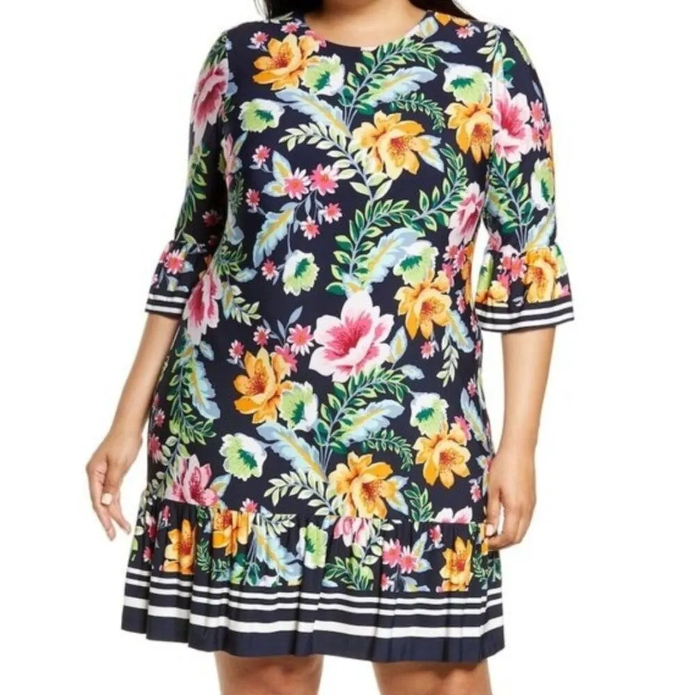 NEW NWT ELIZA J Navy Blue Pink Orange Floral Jersey Stretch Ruffle Shift Dress 8 - Image 3