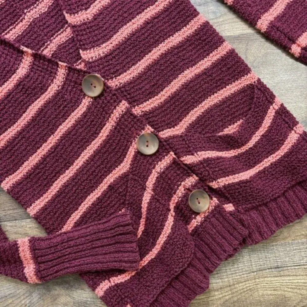 Free People Beach Big Button Cardigan Sweater XS Maroon Pink Stripe - Image 3