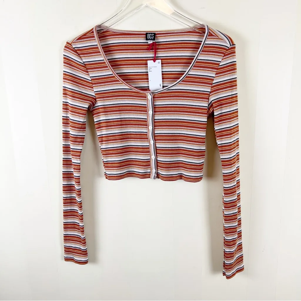 BDG Urban Outfitters Stripe Cropped Cardigan Large Orange Long Sleeve Button Front - Image 2