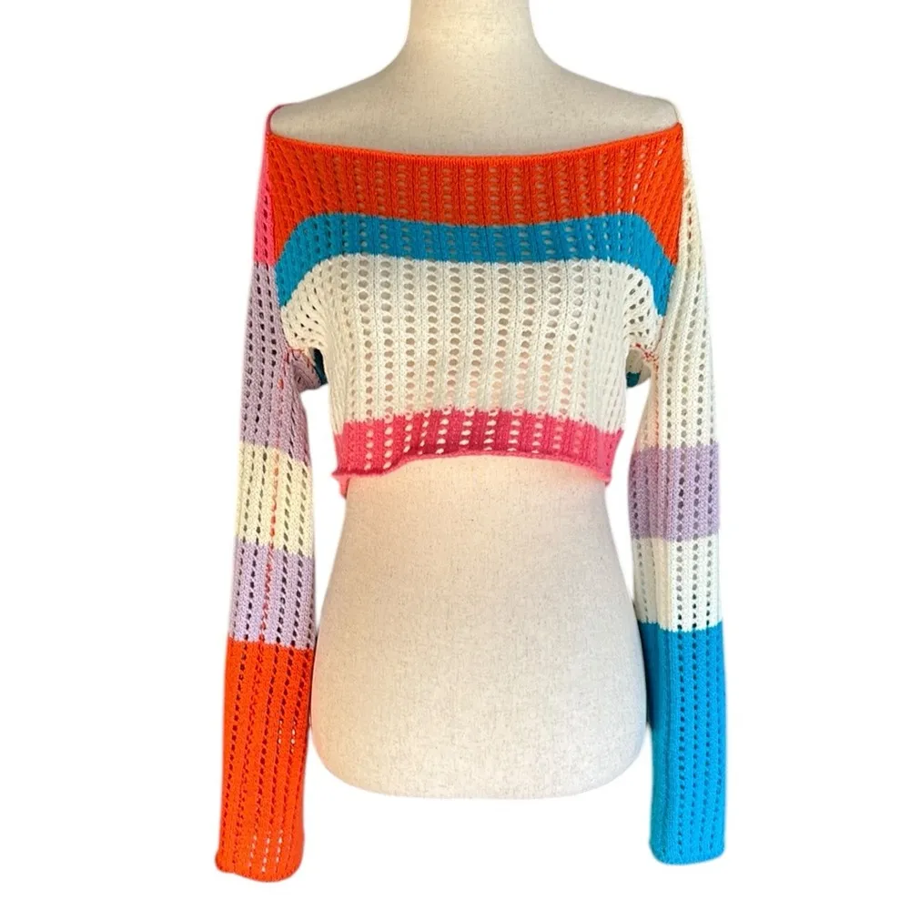 Women's Crochet Knit Sweater Mesh Crop Top Orange - Image 7