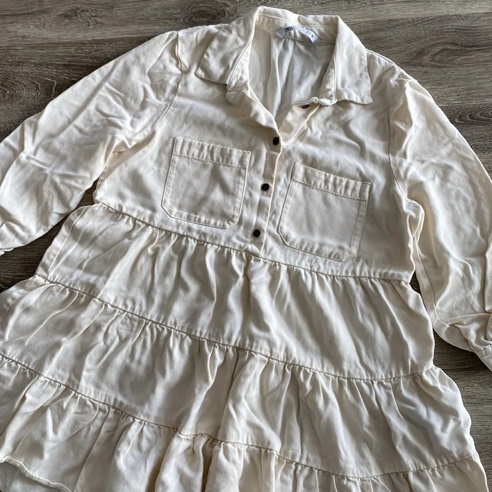 poplin long collared shirt dress tiered cream ivory ecru 3/4 sleeve large - Image 4