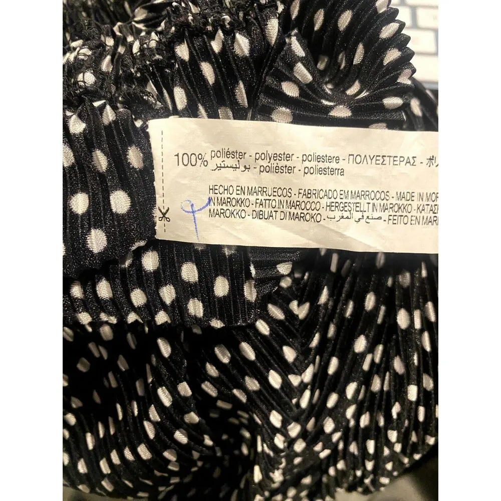 Zara V Neck Polka Dot Balloon Long Sleeve Smocked Blouse Tie Front S Black White - Image 9