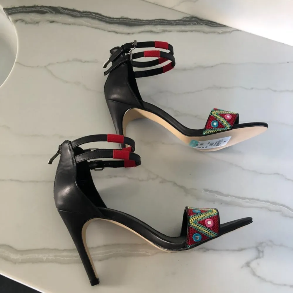 Shoes Rama Colorful Stitched Black Heels Sz 9 - Image 4