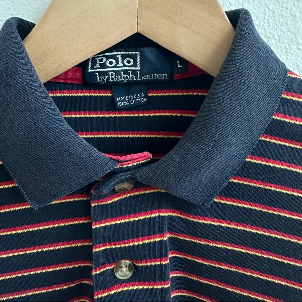 Polo Ralph Lauren Navy Red & Gold Fine Striped short sleeve cropped button Polo - Image 2