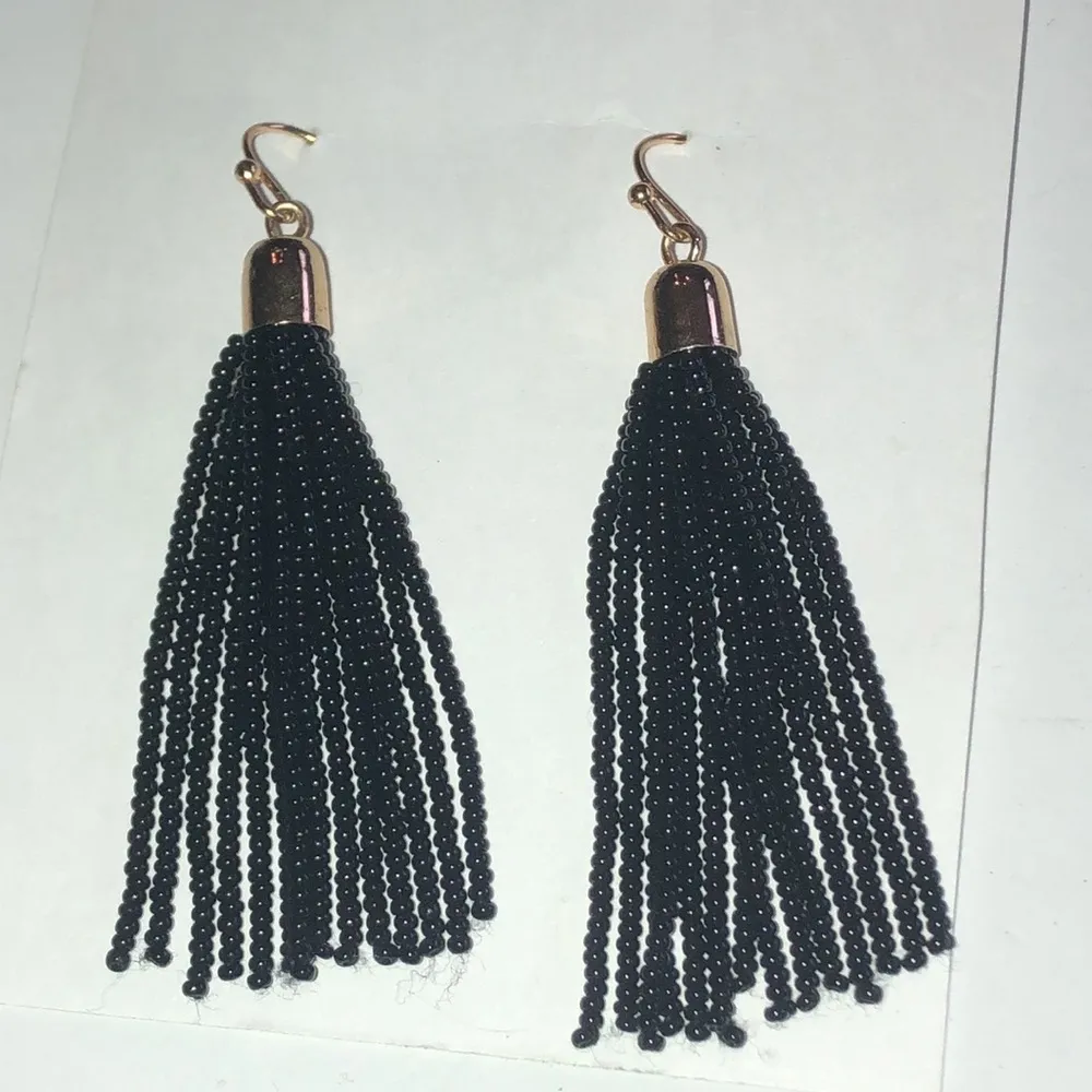 Gold Tone Black Seed Bead Dangling Beaded Boho Pierced Earrings - Image 3