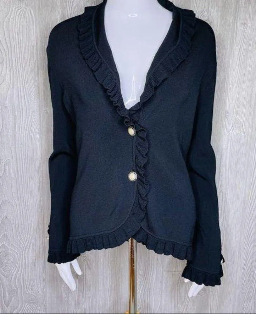 Vintage vertigo Paris ruffle button front cardigan sweater black button detail m - Image 2