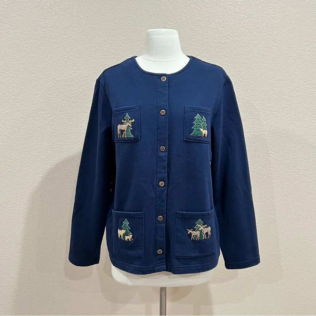 Vintage Breckenridge Navy Moose Bears Trees Buttoned Cardigan Size Large - Image 2