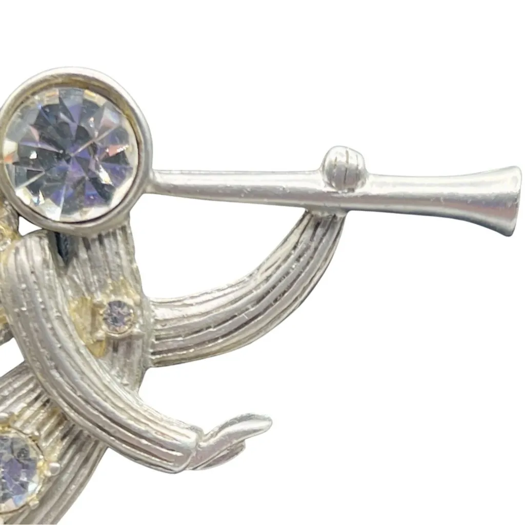 Vintage Angel Pin Brooch Trumpet Rhinestones Silver Tone By Silver Starr - Image 5