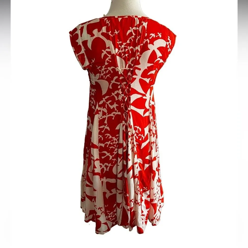 Anthropologie Maeve INDIGA Orange Bird Lace Up Back Swing Dress, Size XS - Image 6