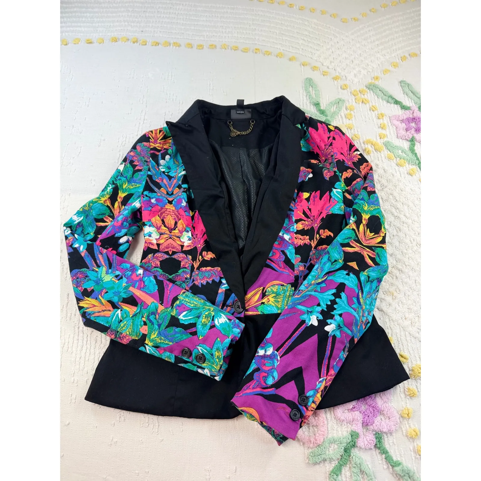 Nicole Miller Colorful Floral Blazer XS Black Tropical Print Party Jacket - Image 3