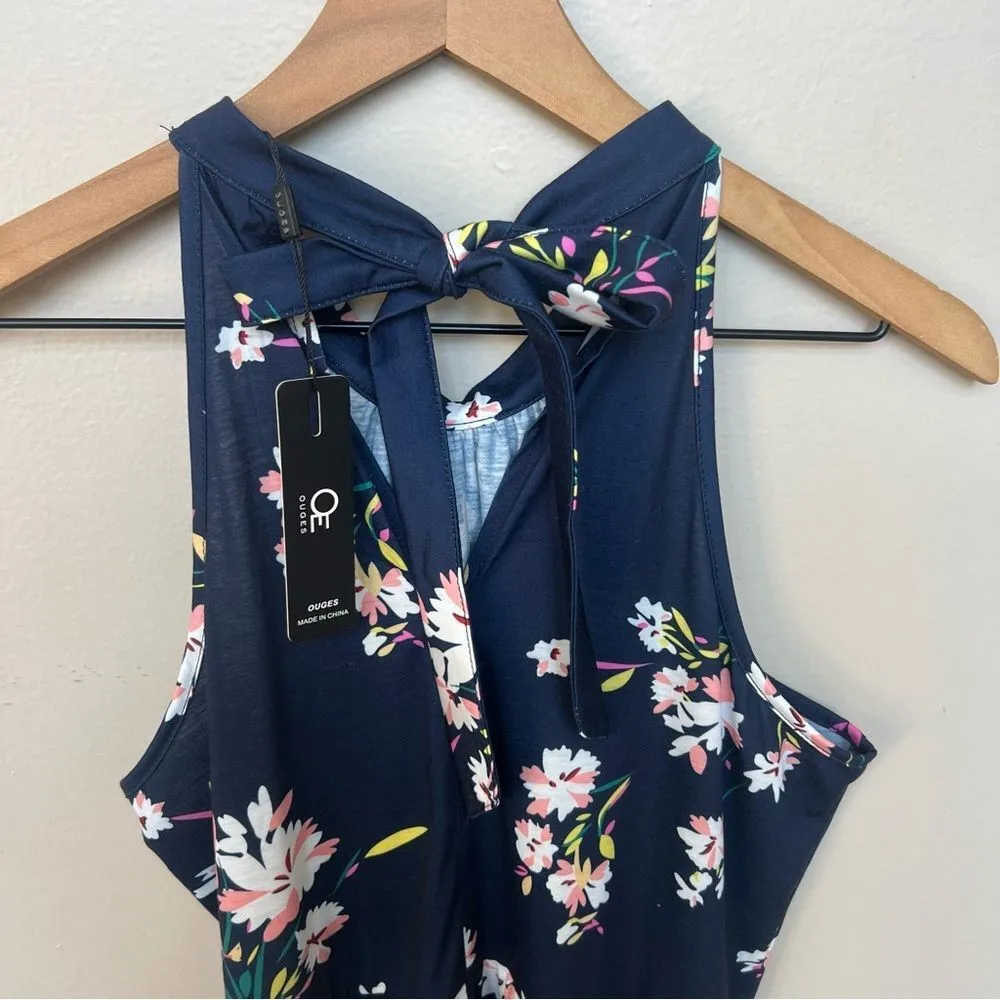 NEW Halter Neck Summer Sleeveless Casual Beach Dress Medium Navy Pink Floral Blue - Image 5