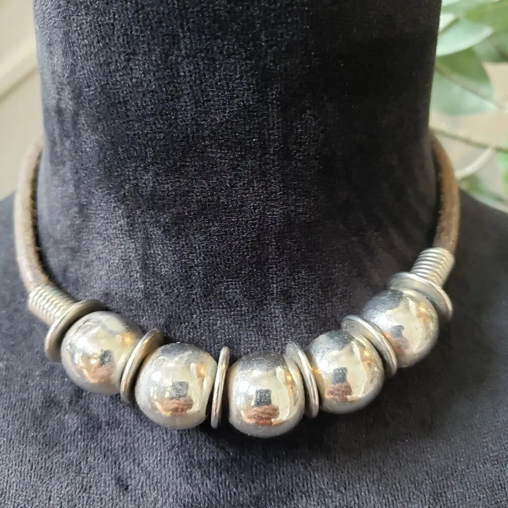 Women's Gold Tone Ball Discs Tribal Style Leather Cord Necklace with Hook & Eye - Image 2