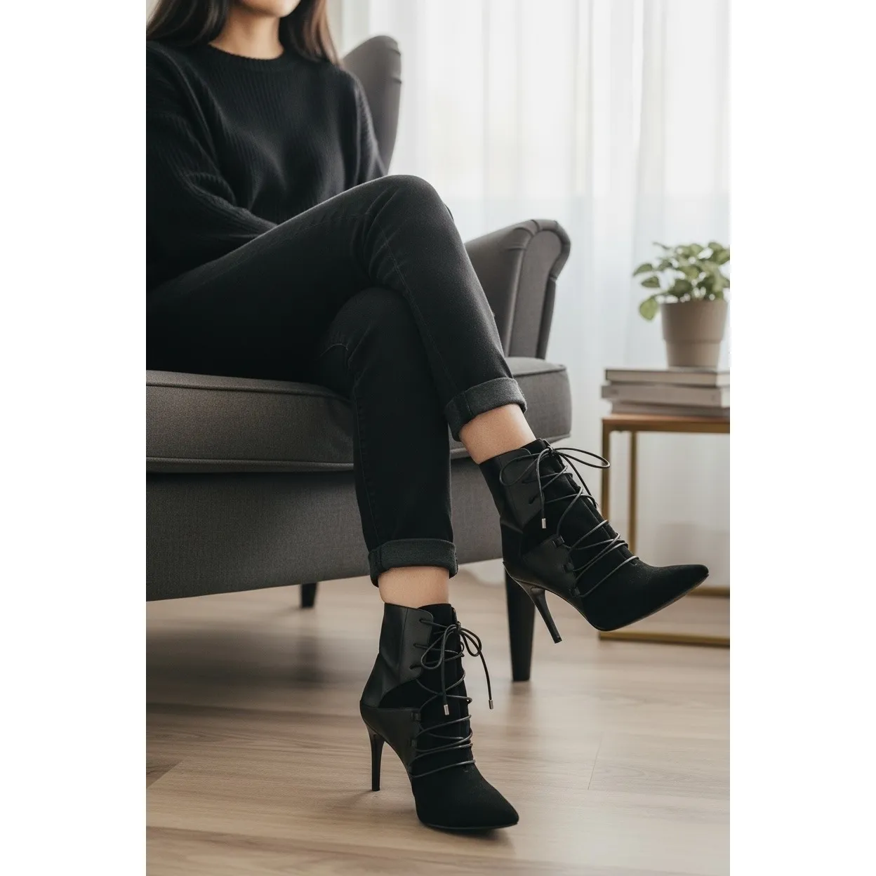 Nine West Toughyo Black Suede Leather Lace Up Stiletto Heel Ankle Booties Women - Image 2