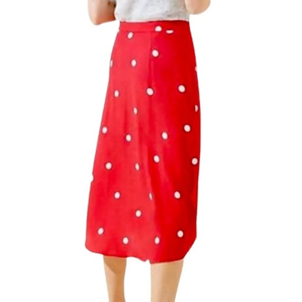 LOFT Women's Red & White Polka Dot Wrap Tie Waist Midi Skirt Size 8 - Image 2
