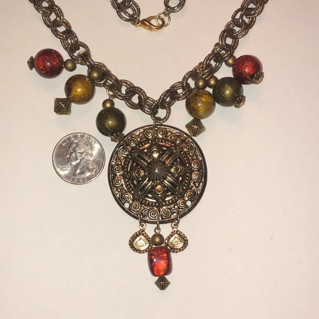 Elegant Aged Metal Gold Tone and Glass Shimmer Beaded Boho Pendant Necklace - Image 3