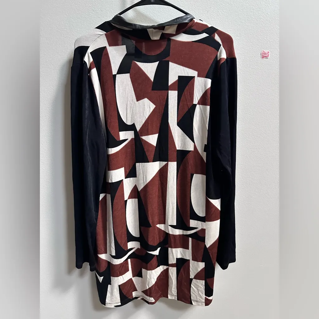 Chico’s Travelers Geometric Wrap Cardigan Faux Leather Trim Mahogany Women’s 1/M Brown Size M - Image 6