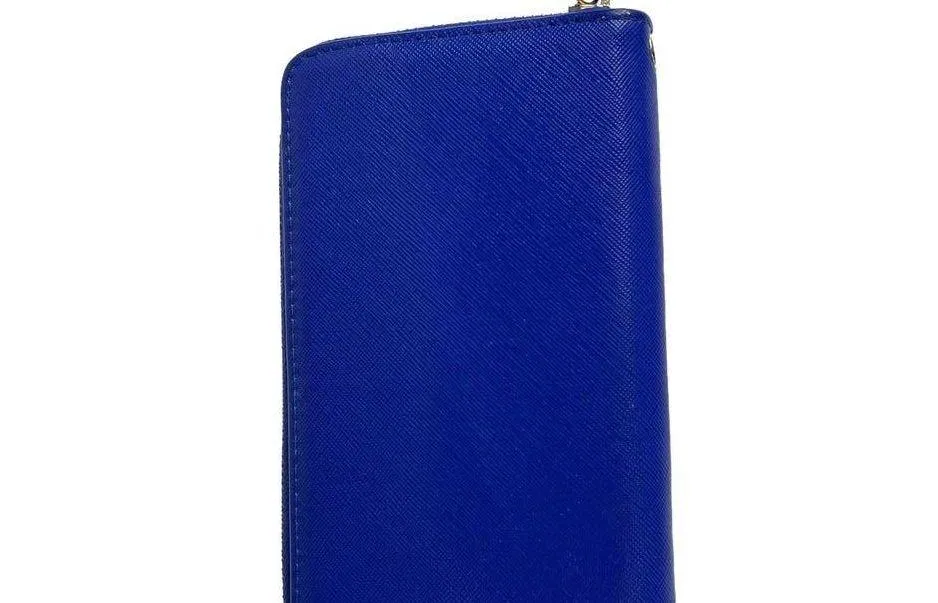 Dasein Zip Around WALLET Blue Gold Emblem Clutch Handbag Purse Faux Leather - Image 4