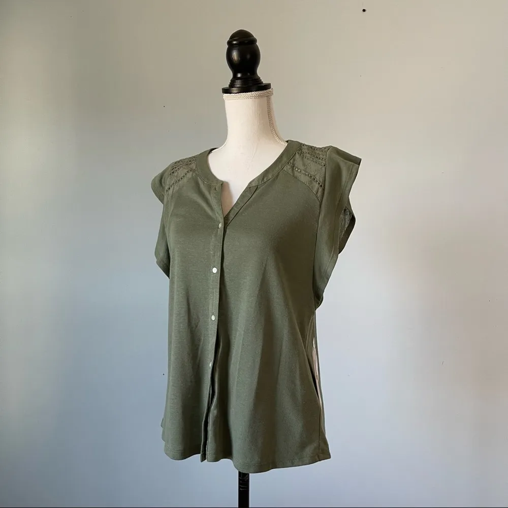 NANETTE LEPORE | Olive Green Button Down Flutter Sleeve Blouse Sz S - Image 11