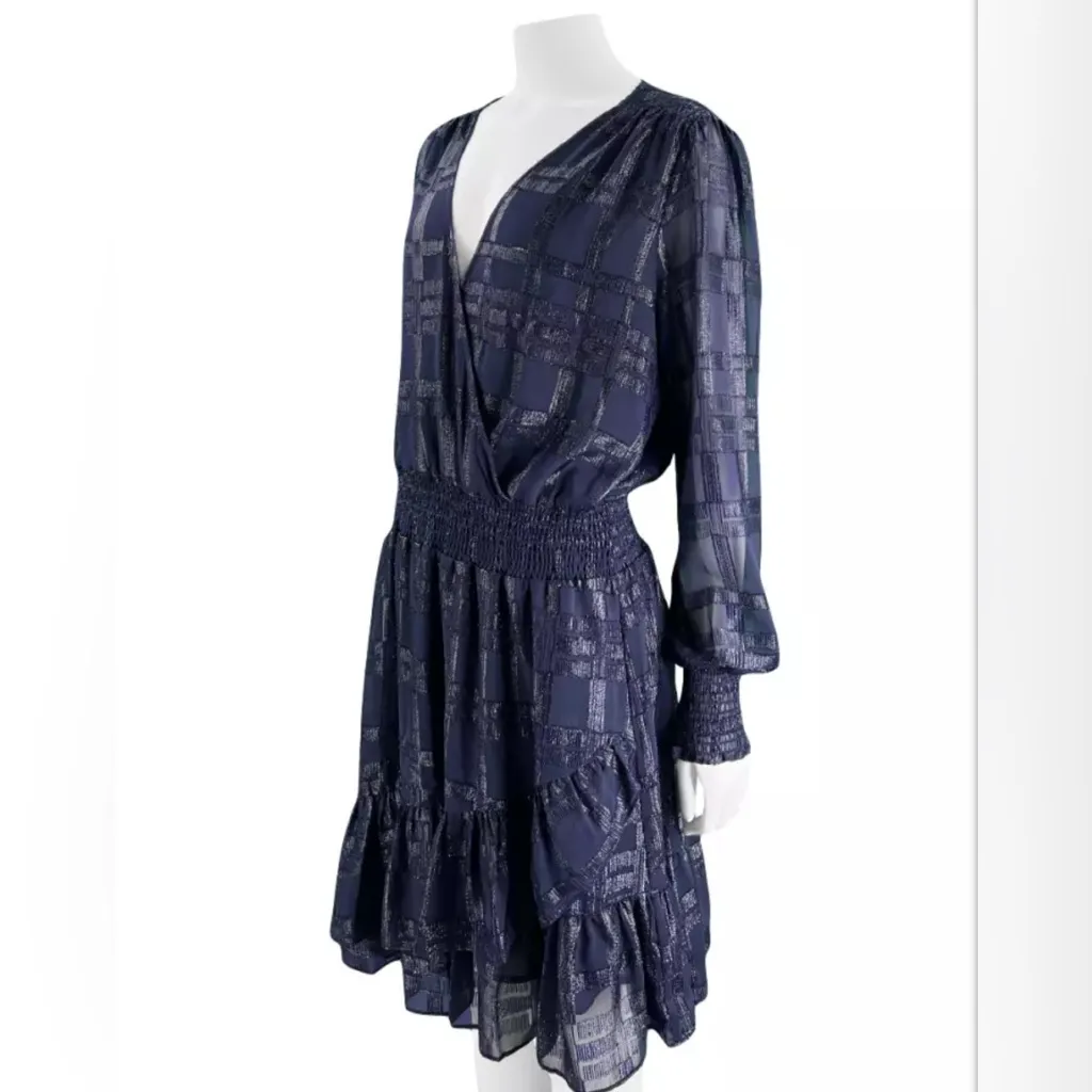 Michael Kors Metallic Navy Plaid Fil Coupe Faux Wrap Long Sleeve Dress L in EUC - Image 9