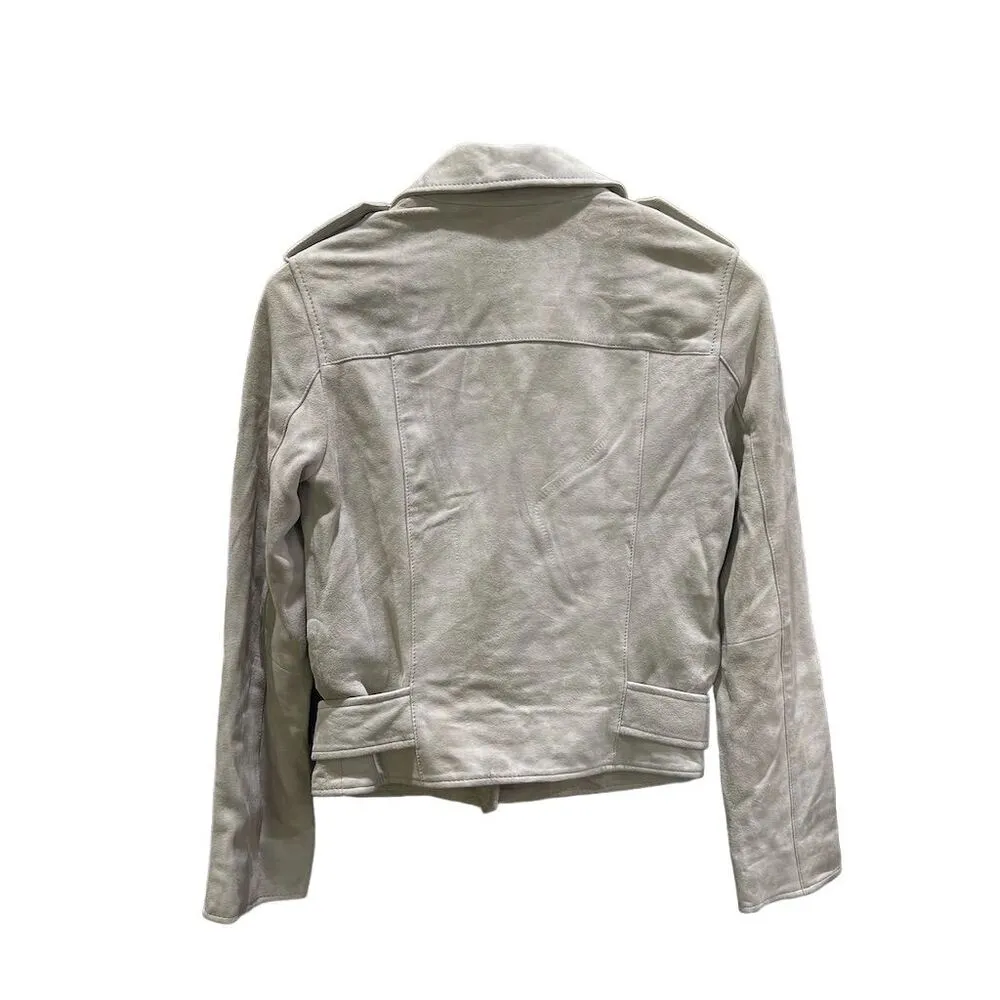 AllSaints Women's Luna Blue Gray Green Leather Plait Balfern Biker Jacket Size 0 - Image 4