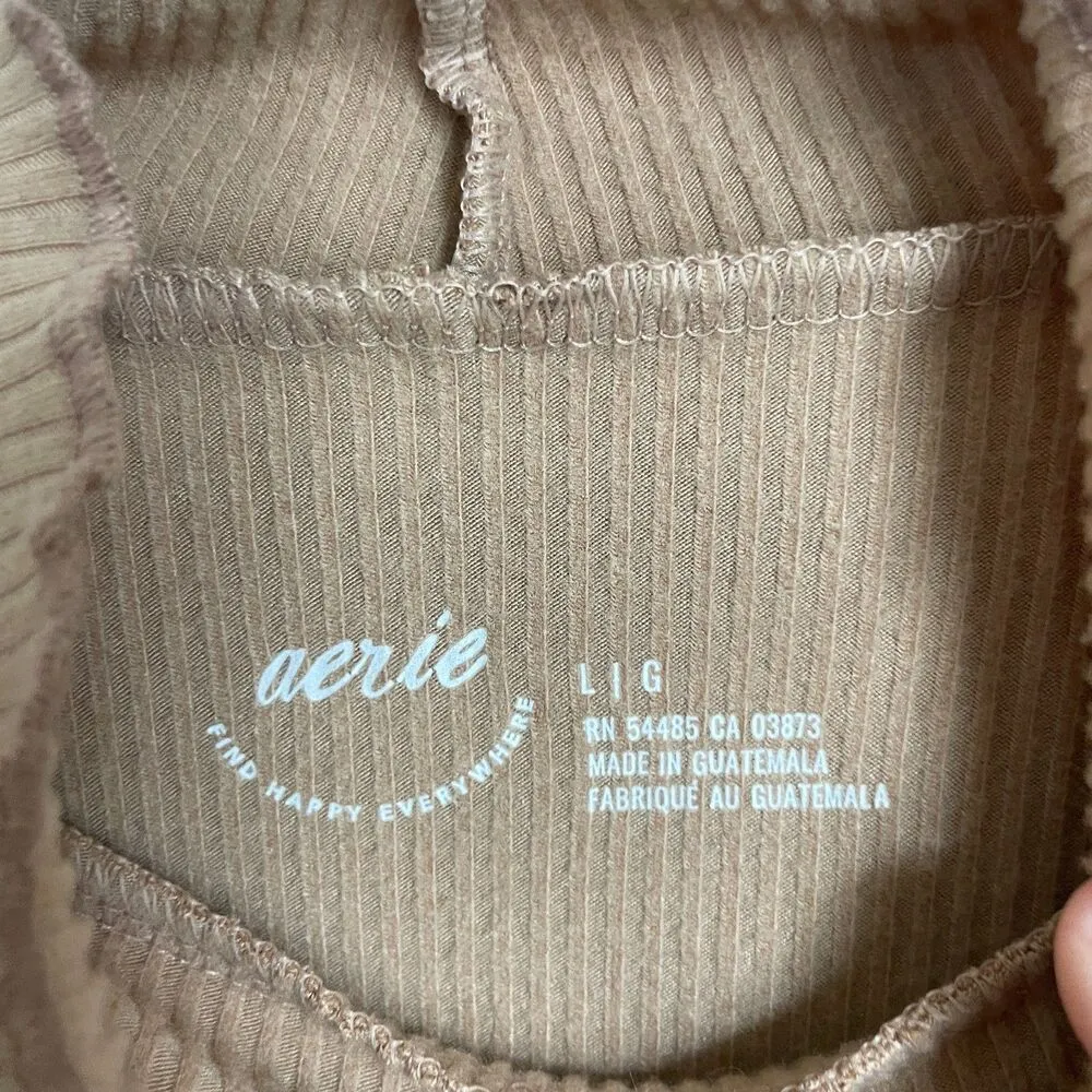 Aerie Long Sleeve Cropped Mock Neck Long sleeve T-Shirt scalloped hem size L tan - Image 7
