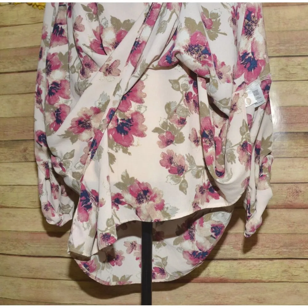 Krazy Kat Chiffon Pink Floral Blouse Roll Tab Sleeve Plus 3X Causal Night Out - Image 4