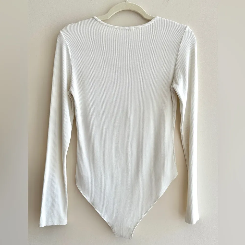 MangoPop Button Down Ribbed Long Sleeved Scoopneck Bodysuit, Size Large, White - Image 11