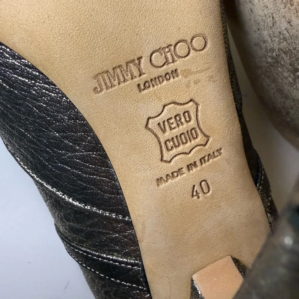 Jimmy Choo Crinkle Metallic Gunmetal Silver Sexy Mary Jane Peep Toe Heels EU 40 - Image 12