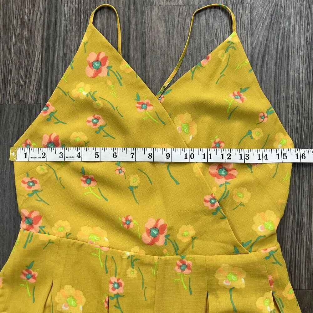 A New Day Marigold Yellow Floral Wide Leg Cropped Jumpsuit Size Small Cross Back - Image 2
