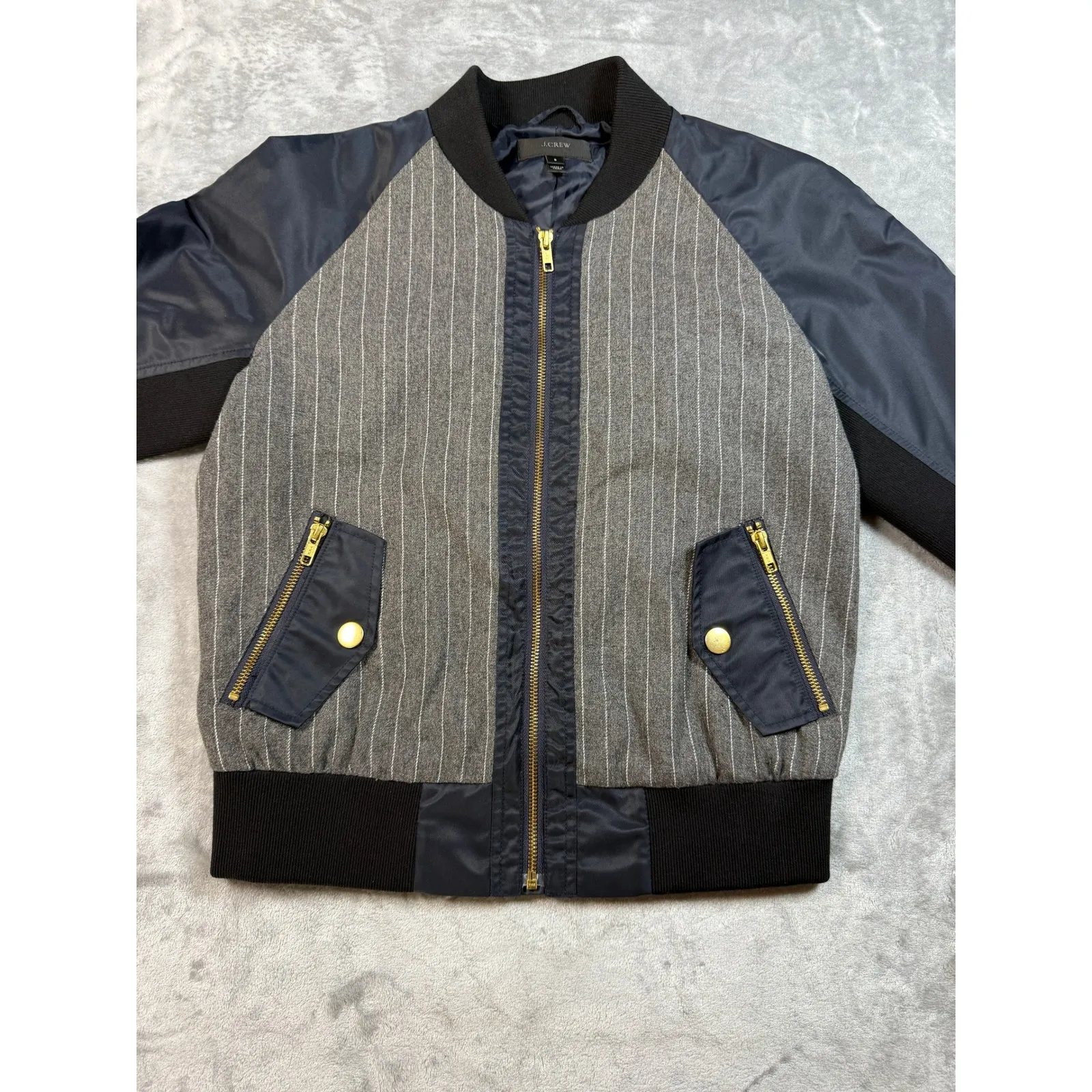 J. Crew Womens Bomber Jacket Small‎ Gray Pinstripe Wool Blend Full Zip - Image 4