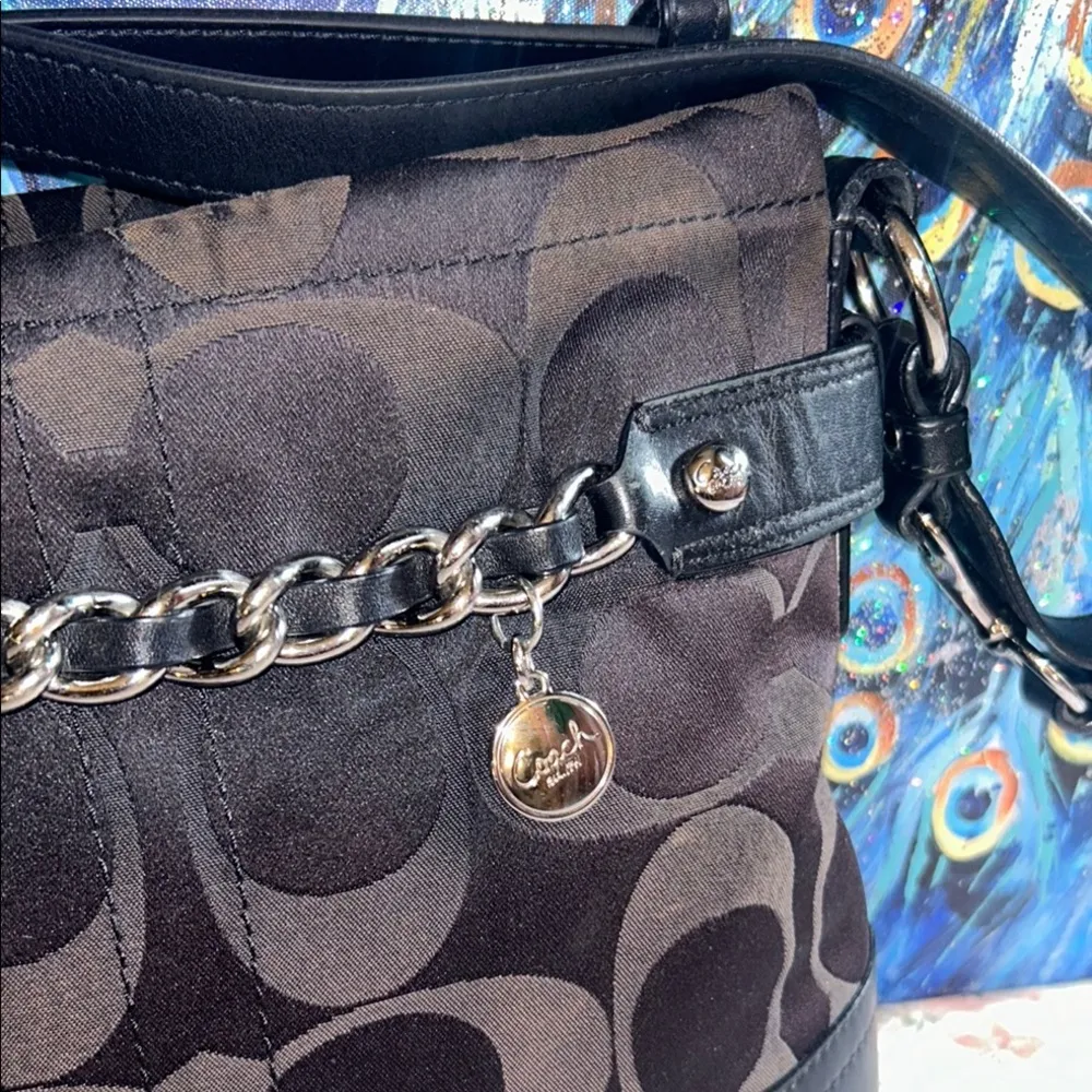 Vintage Coach Sateen Monogram and Leather/Silver Chain  Shoulder/Crossbody Bag - Image 2