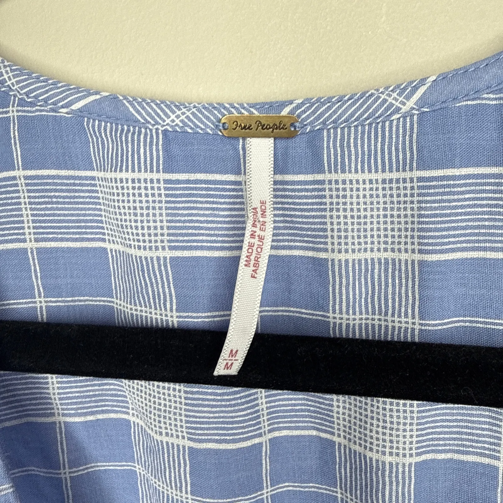 Free People‎ Time Out Top Crochet Plaid Babydoll Tunic Medium Blue White Boho - Image 8