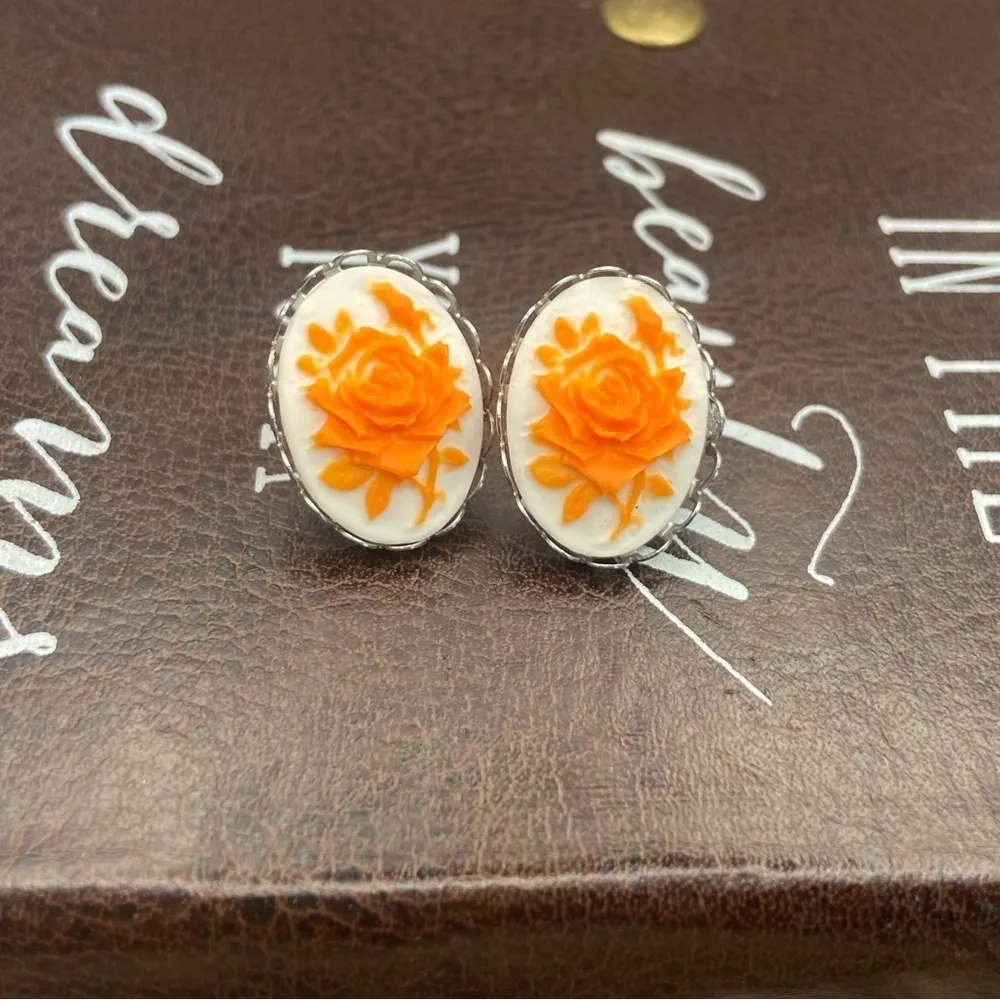 Vintage Neon Orange Rose Floral Cameo Stainless Steel Flower Earring Studs Boho - Image 5