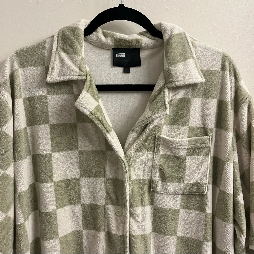 ONA Checker Terry Oversized Button Down Greyed Olive Small - Image 6