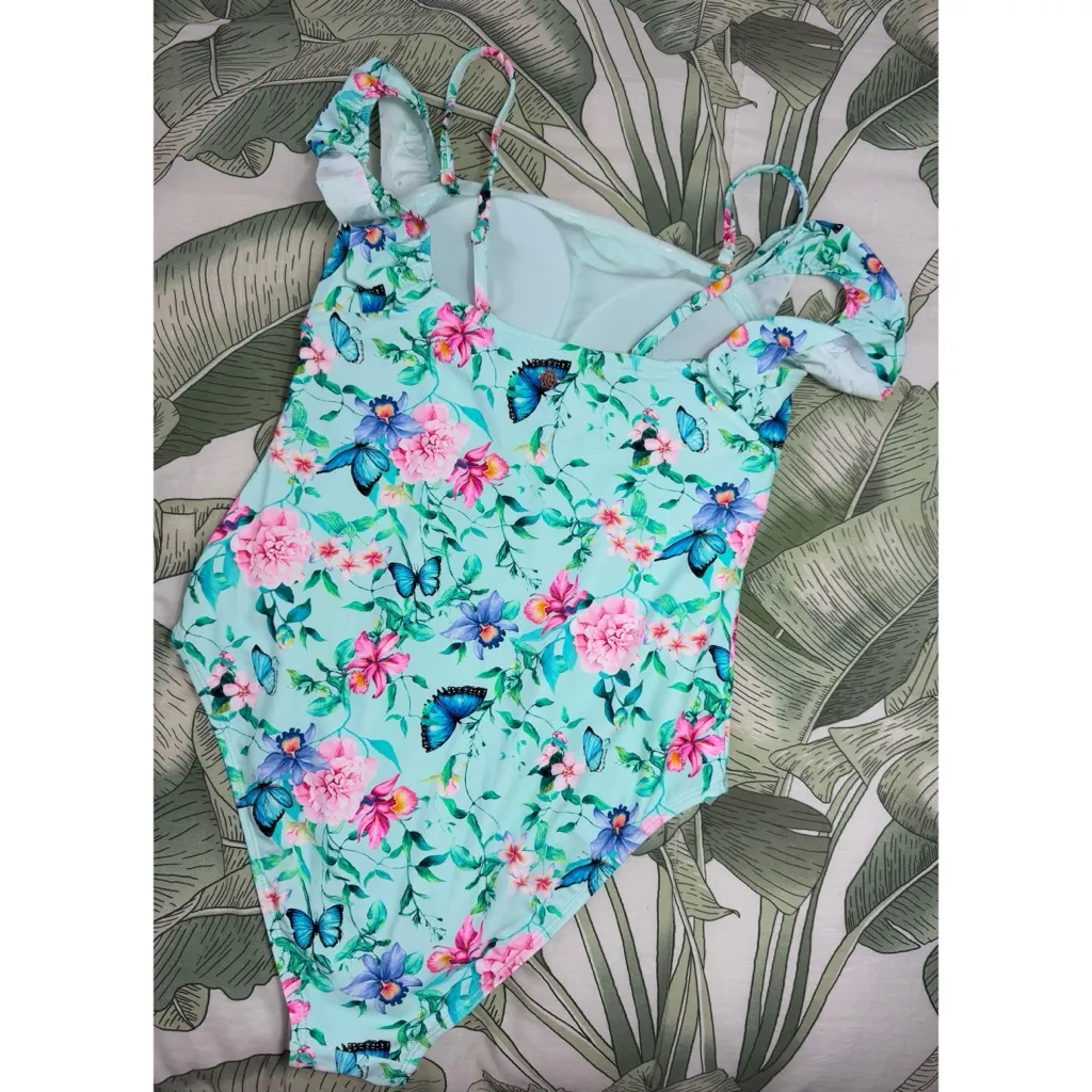 Nanette Lepore Blue Floral Butterfly Ruffle Strap One Piece Swimsuit Size 12 - Image 8