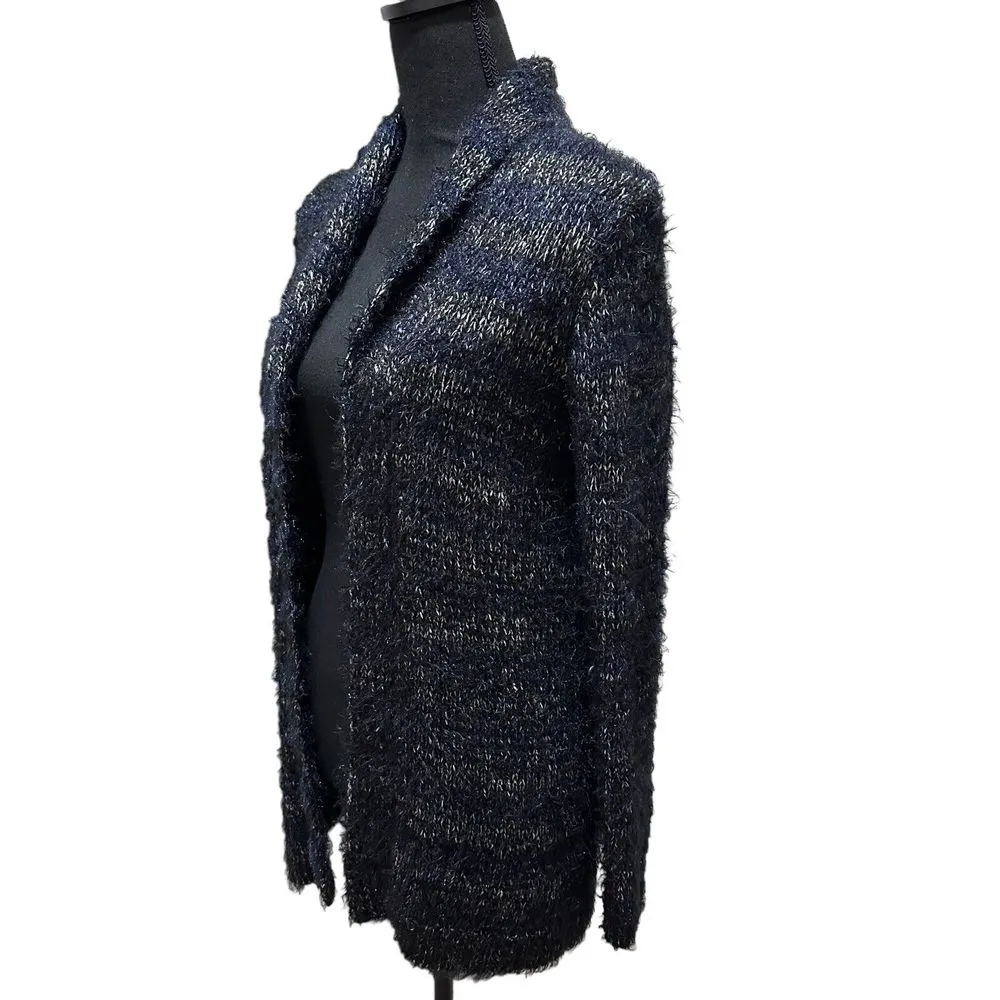 Lucky Brand Sz‎ Small Shawl Neck Shag Fluffy Open Cardigan Navy Silver Metallic - Image 3