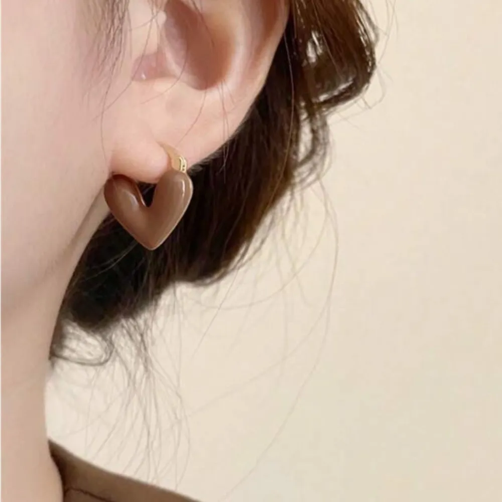 Brown and Gold Tone Heart Hoop Earrings (waterproof) - Image 2