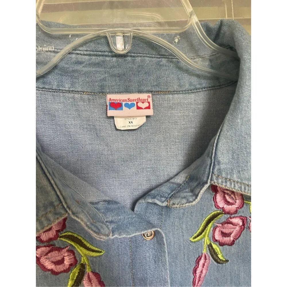 American Sweetheart Denim Embroidery Floral Long Sleeve Blouse Blue Size XX - Image 7