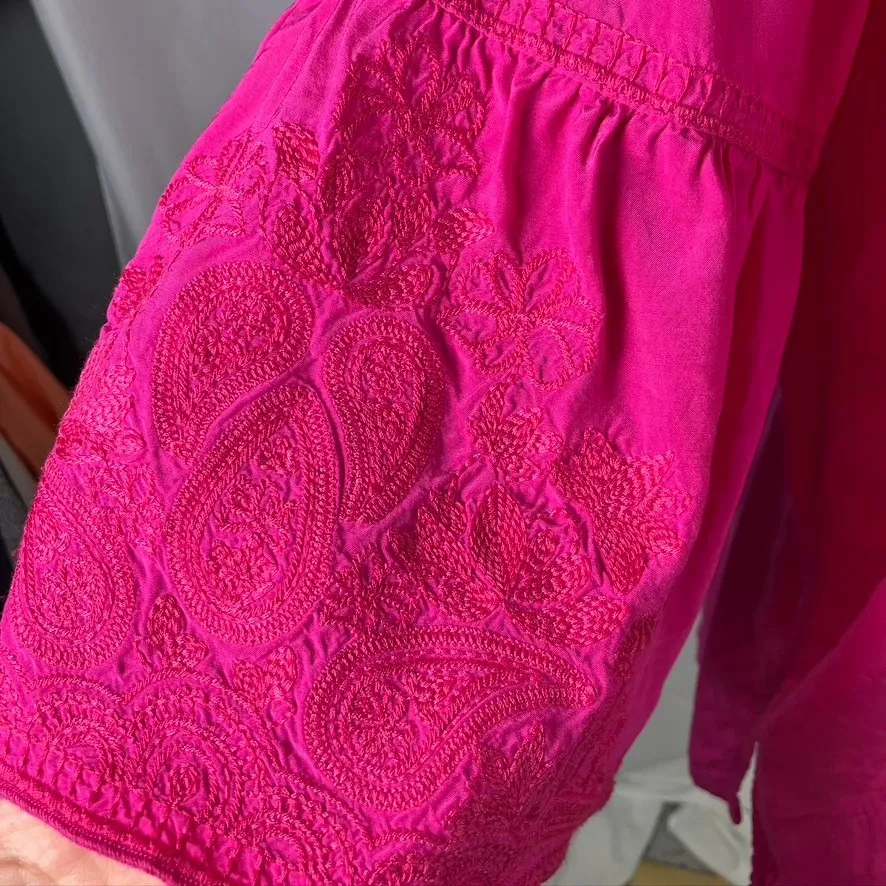 John Mark Women's Medium Button Up Embroidered‎ Tunic Top Pink Blouse Boho Chic - Image 4