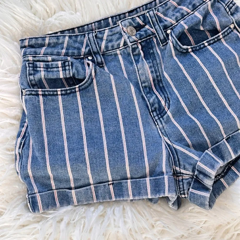 Pacsun High Waist Firework Stripe Denim Sewn Cuff Mom Short - Image 2