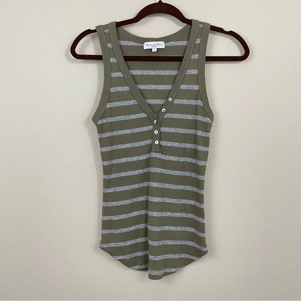 Michael Stars Green Striped Henley Cotton Luna Tank Top Size XS‎ - Image 2