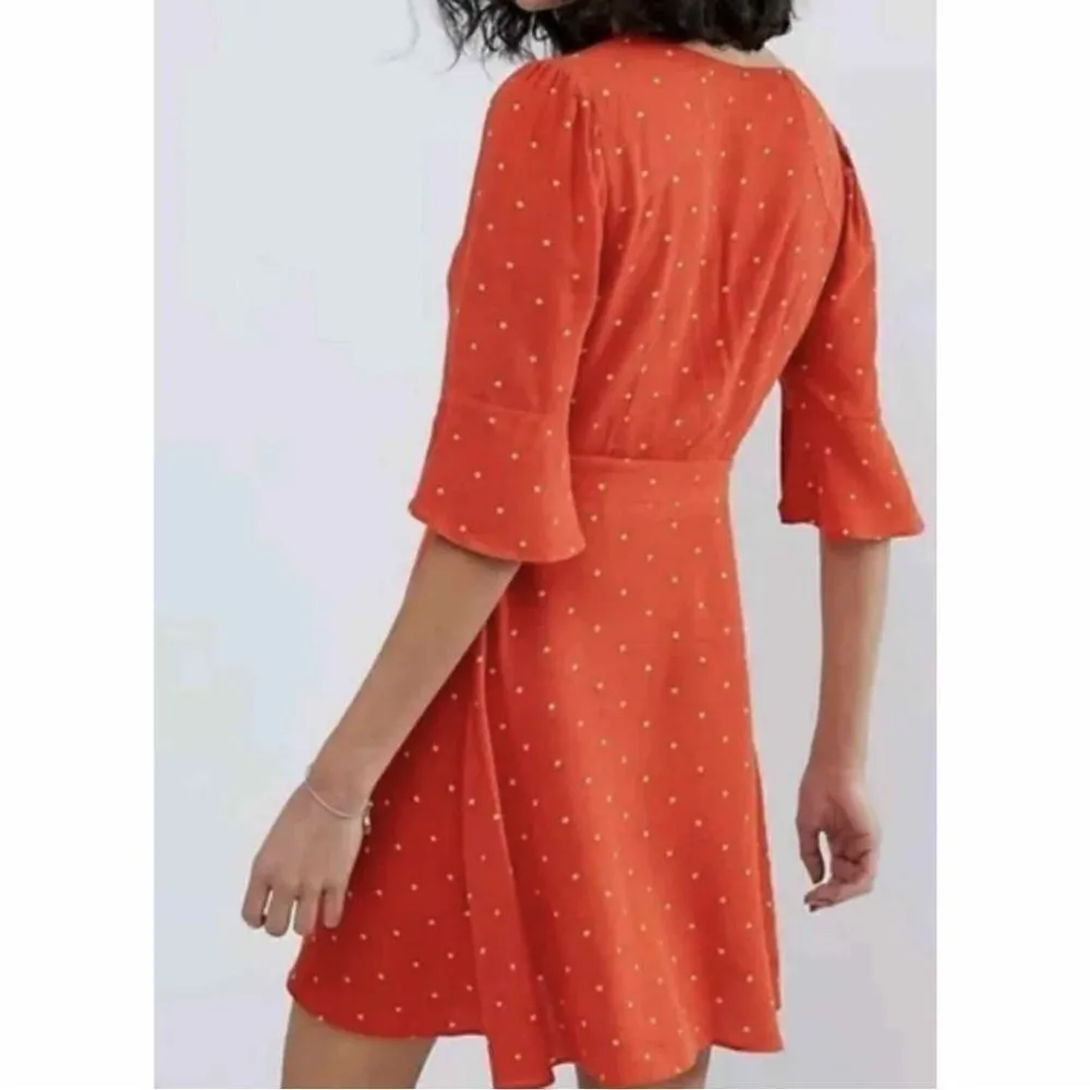 Free People All Yours Polkadot‎ Flounce Sleeve Mini Dress Orange V Neck 4 - Image 5