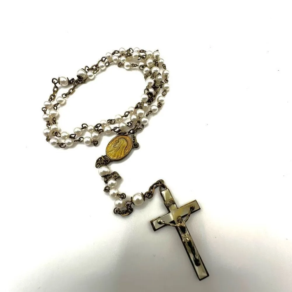 faux pearl abalone cross rosary - Image 3