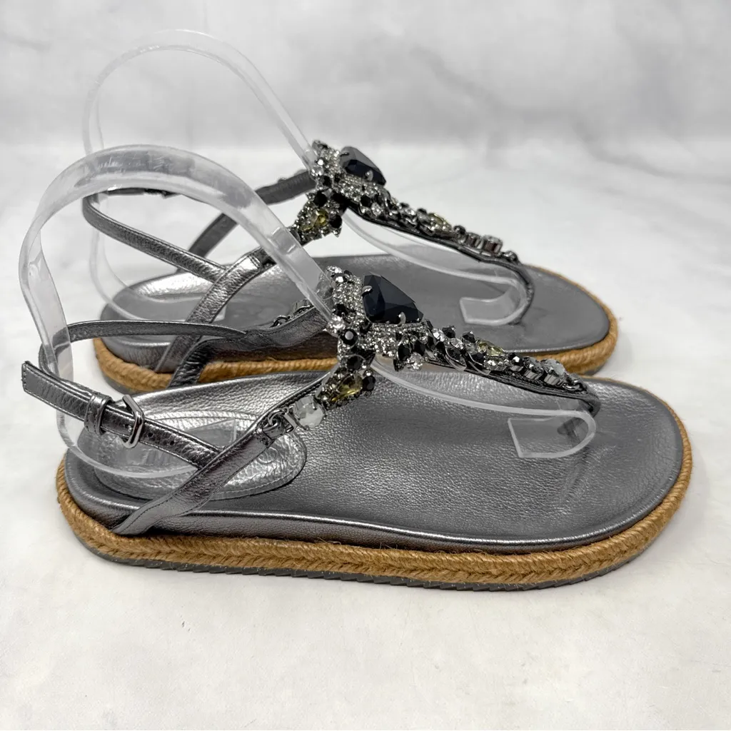 Jimmy Choo Neal Rhinestone Jeweled T-Strap Espadrille Molded Comfort Sandals 36 - Image 5