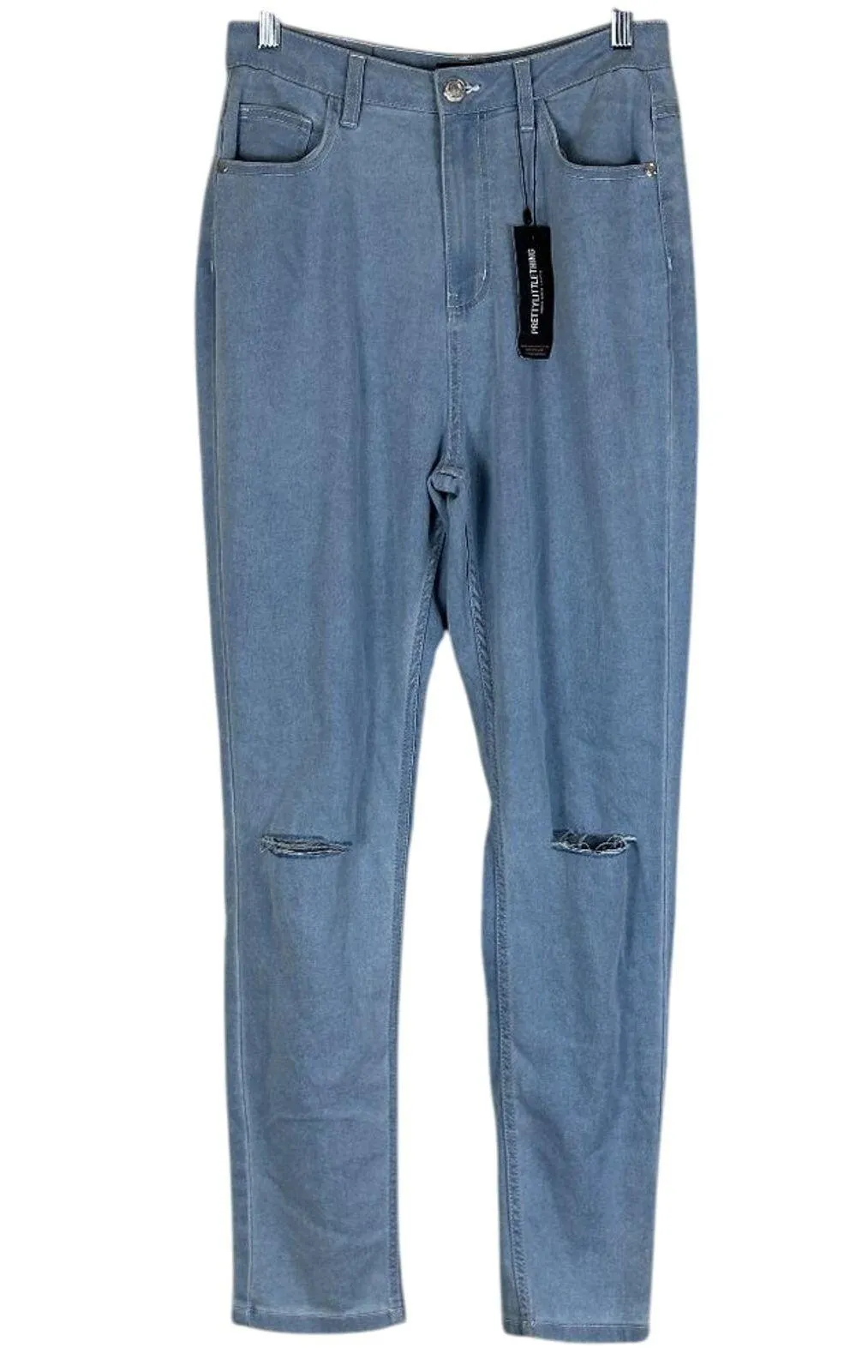 NWT PrettyLittleThing Skinny Jeans Womens 8 Light Wash Knee Ripped Distressed - Image 4